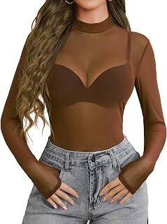 Avidlove Women Mesh Top Long Sleeve Transparent Shirt Mock Neck Blouse Clear Clubwear Party XS-XXL