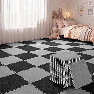 Amylove 36 Pc Foam Interlocking Carpet Tiles,Black, Gray | Square Plush Tiles with Border for Playroom Bedroom, Soft Puzzle Mat Rug, 12x12x0.4 Inch, Easy Clean and Install