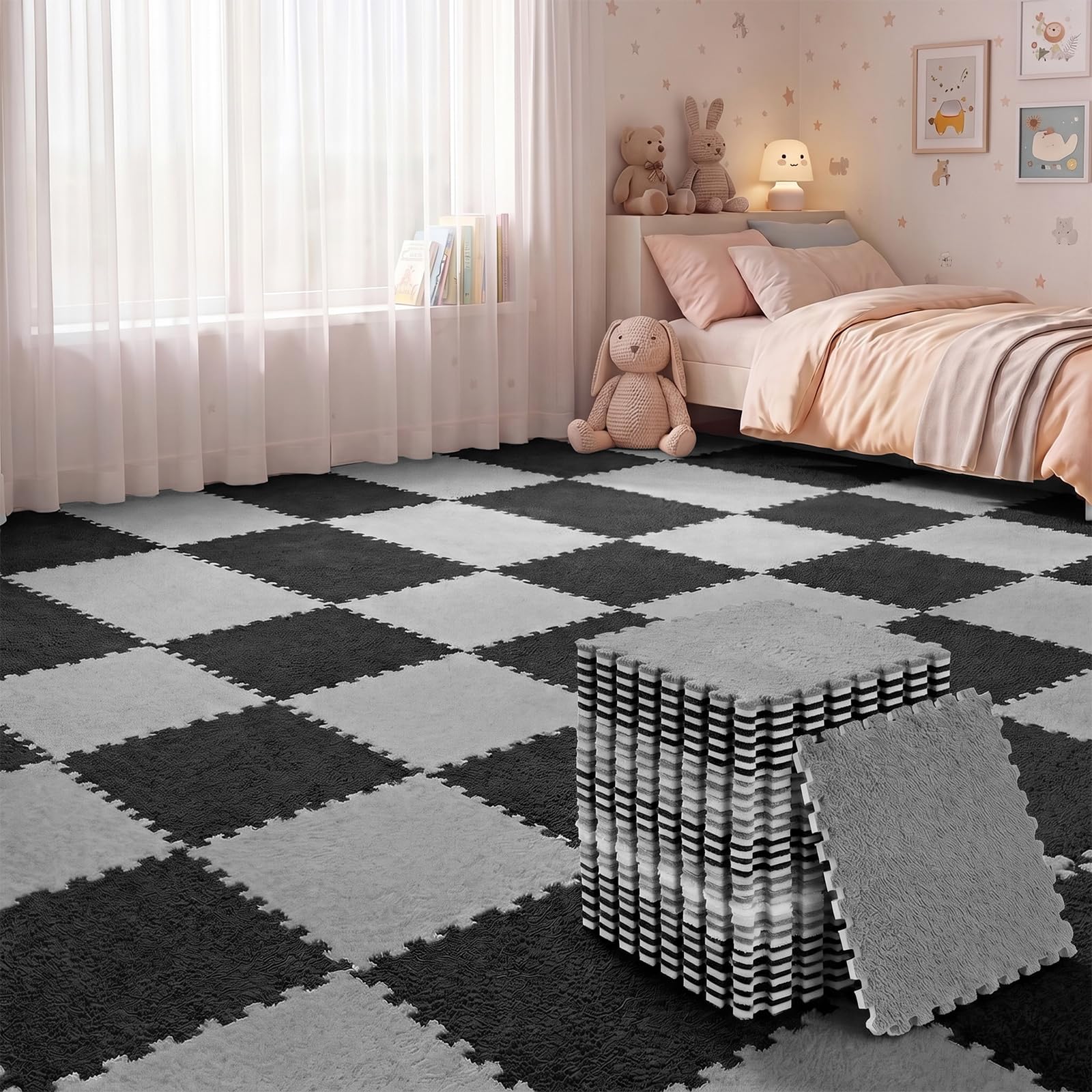 Amylove 36 Pc Foam Interlocking Carpet Tiles,Black, Gray | Square Plush Tiles wi