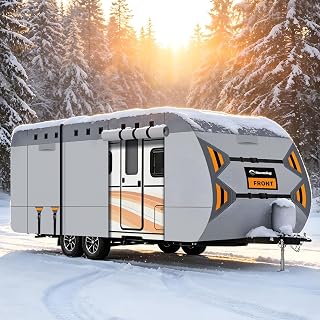 Somokg Travel Trailer RV Cover 24-27 FT, 9 Layers Heavy Duty Camper Cover, Rip-Stop All Weather Protection, Windproof Straps, Anti-Scratch Lining, Breathable Vents