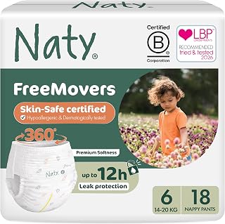 Naty FreeMovers Nappy Pants, Size 6 (16+kg), 18 Count | For Sensitive Skin, Hypoallergenic Potty Training Pants, Up to 12 Hours Leak Protection, Fragrance-Free, Stretchy comfort