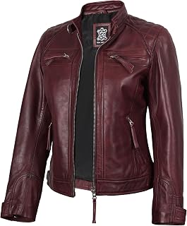 fjackets Leather Jacket Women Moto Style Real Lambskin Leather, Quilted Cafe Racer Classic Zip Up Womens Biker Leather Jacket
