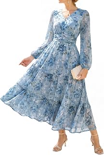 GRACE KARIN Women's Elegant V-Neck Long Sleeve Floral Dress