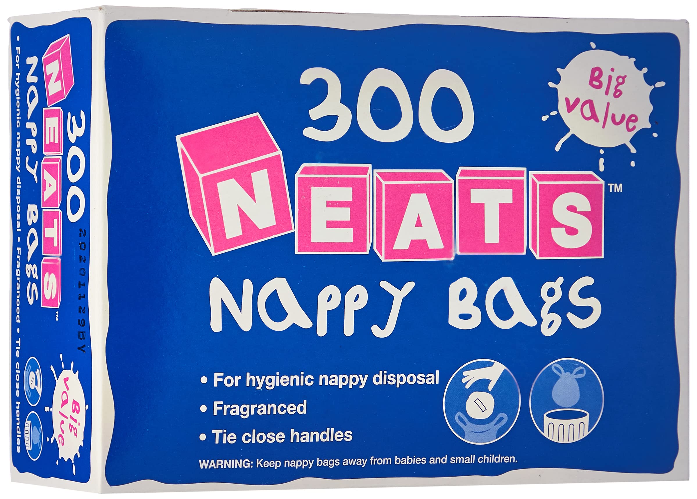 Neats - Nappy Bags, 300 Bulk Box, Tie Handle Disposable Sacks for Nappies, Wipes