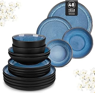 vancasso PLAYA Dinnerware Set for 12, vancasso PLAYA 48-Piece Stoneware Set for 12 People, Blue Dinnerware Set with Plates, Soup Plates, Bowls and Salads, Dishwasher Safe