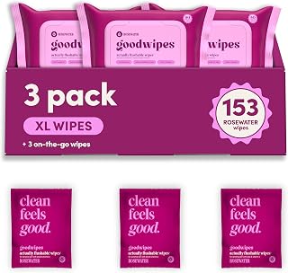 goodwipes Flushable Wipes - Rosewater, 153 Wipes (3 Pack + 3 Singles) | Septic Safe, Extra Large, Adult Toilet Wipes, Bathroom Essentials, Women and Men