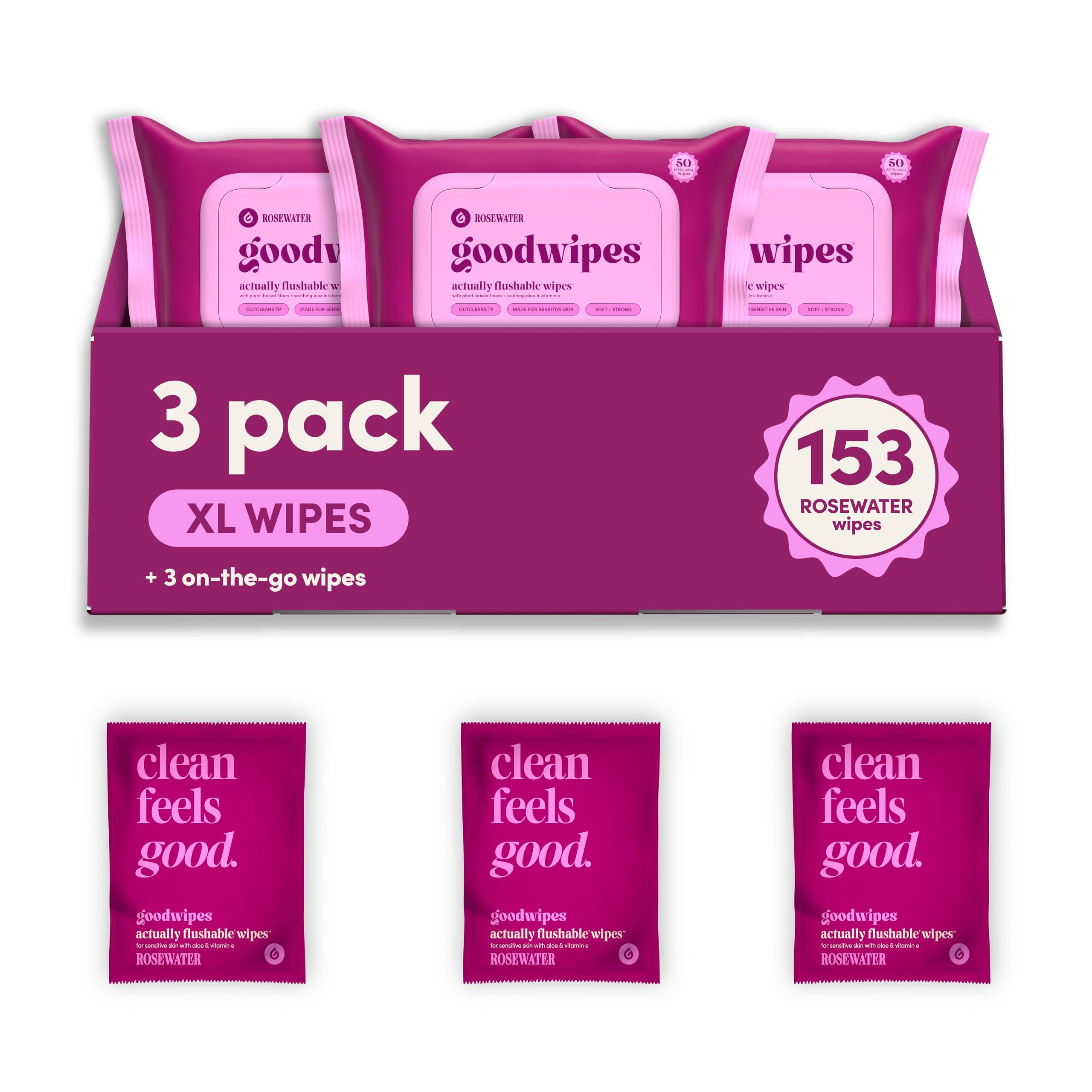 goodwipes Flushable Wipes - Rosewater, 153 Wipes (3 Pack + 3 Singles) | Septic S