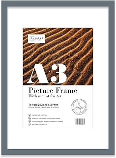 Almost Frameless A3 Grey Picture Frame With White Mount for A4 (21 x 29.7cm -8.3 x 11.7in) Print, Photo, or Poster. Portrait and Horizontal Wall Hooks