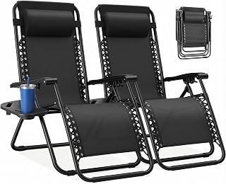 NEWBULIG Zero Gravity Chairs Set of 2, Folding Lounge Recliner Chair | Portable Lawn Camping Recliner with Adjustable Pillow, Mesh Back, Cup Holder Trays for Pool Beach Patio, Black