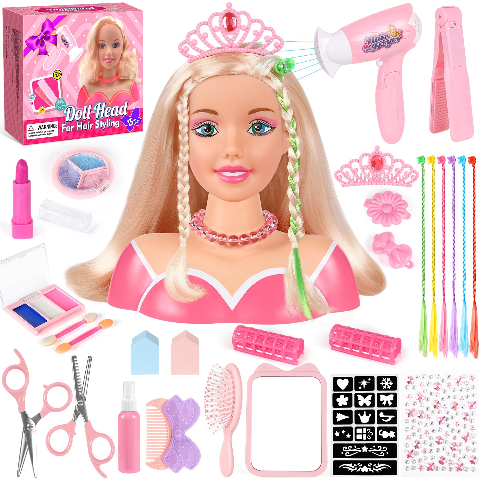 KUBUSFLY Doll Head Toys with Hair Dryer, Makeup Set for Girls Ages 3-12 | Hair S