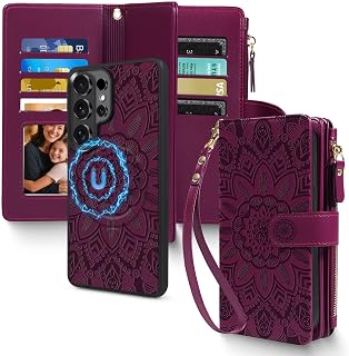 Harryshell 2 in 1 for Samsung Galaxy S26 Ultra Wallet Case Magnetic Compatible with Magsafe RFID Blocking Card Holder Detachable Phone Cover Zipper Purse Kickstand Wrist Strap Women Floral Burgundy