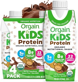 Orgain Organic Kids Dairy 8g Protein Shake, Chocolate, 8.25 oz, 4pk | Nutritional drink, grass-fed protein, 22 vitamins & minerals, 3g fiber, non-GMO, no soy, healthy snack for picky eaters