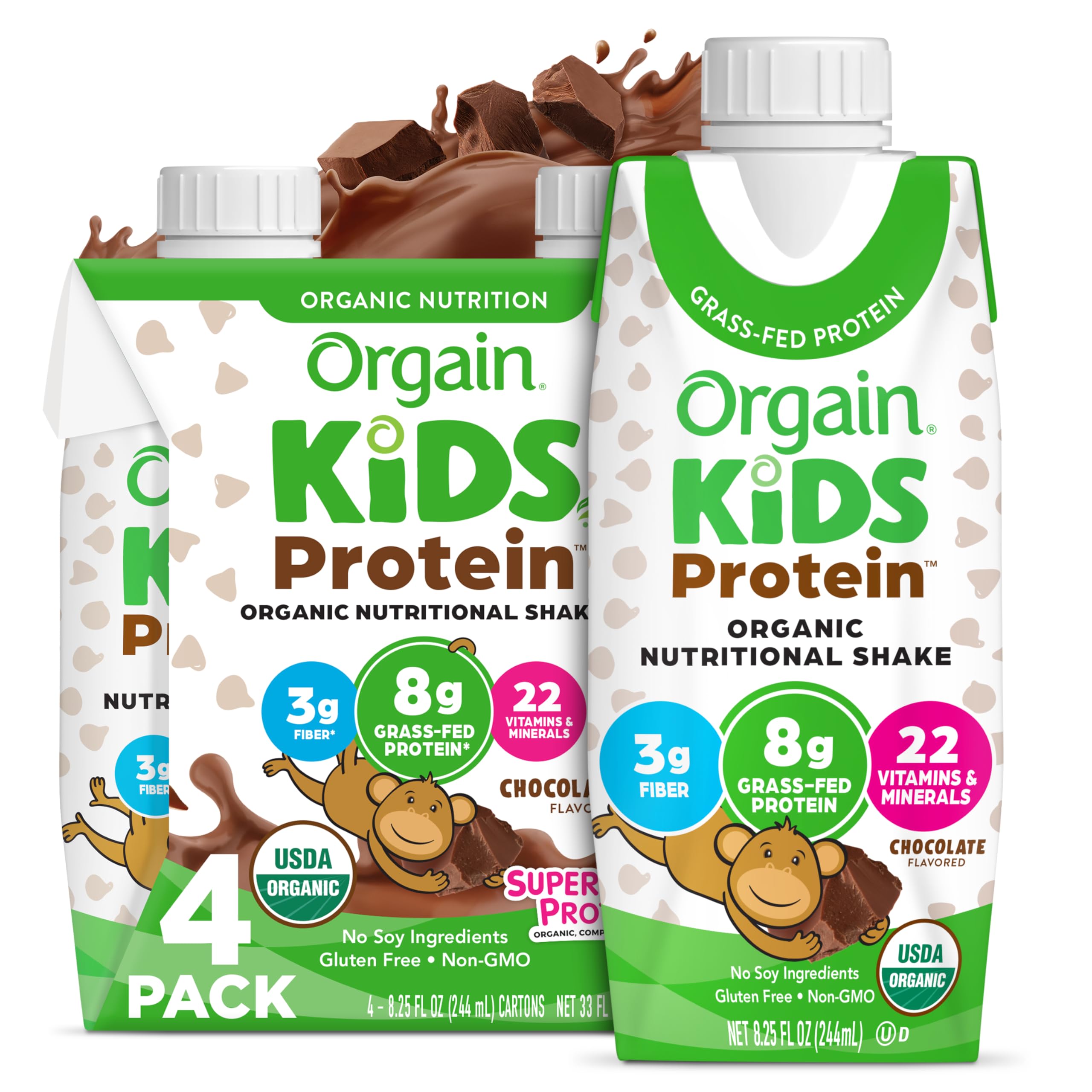 Orgain Organic Kids Dairy 8g Protein Shake, Chocolate, 8.25 oz, 4pk | Nutritiona