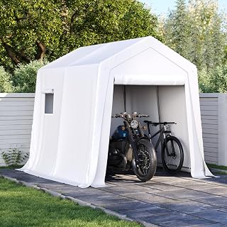 Aoxun 6x8 FT Heavy Duty Garden Storage Shed Bike Shelter | Heavy-duty 6x8 FT outdoor storage shed with waterproof 200g PE cover, galvanized steel frame, and roll-up zipper door
