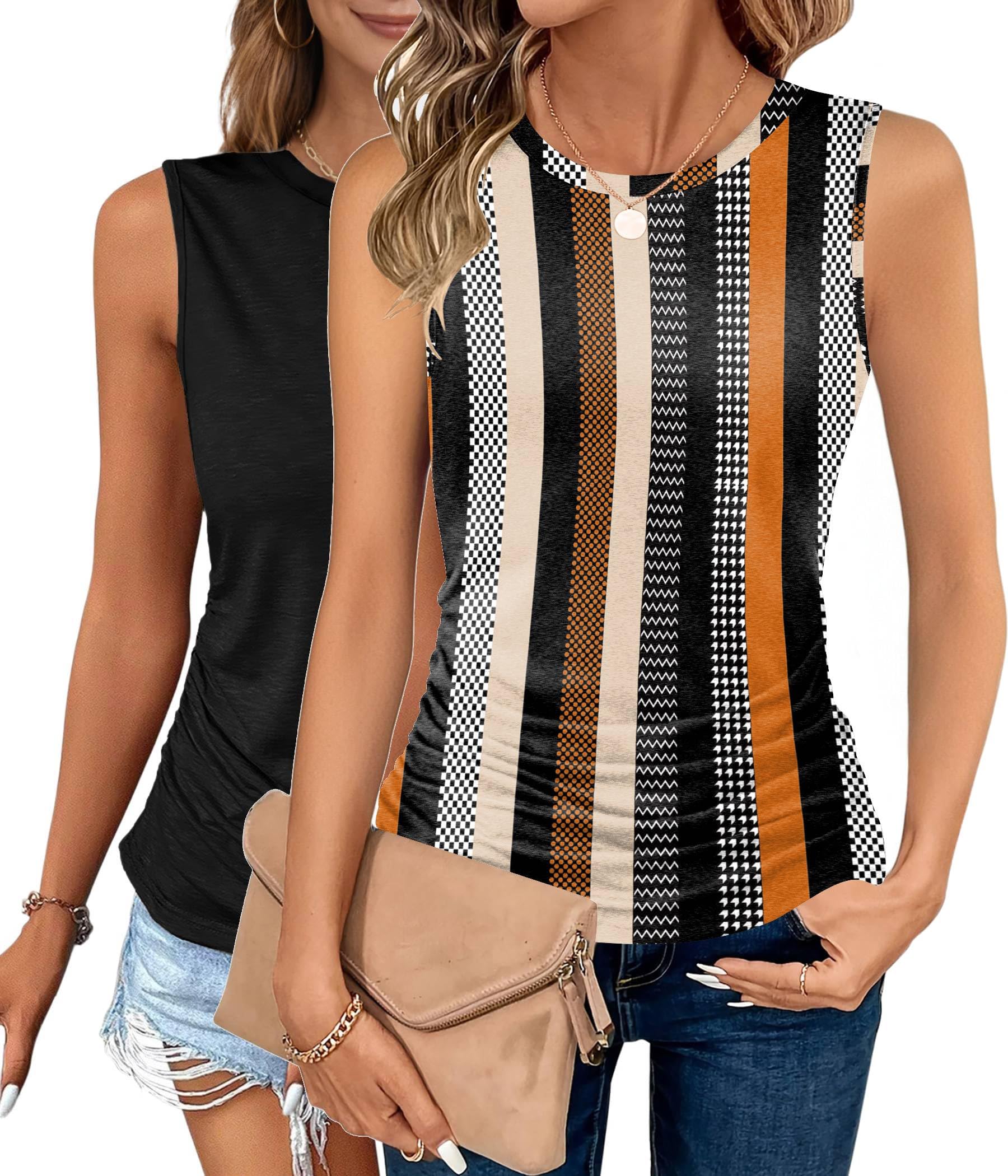 Zeagoo Womens Casual Ruched Tank Tops Crew Neck Tank Tops S-XXL