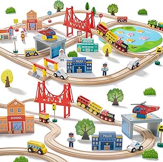 Tiny Land 110PCS Wooden Train Set, Toy Train with Tracks for Kids Ages 3-7 | Compatible with Major Brands, Ideal Railway Playset for Boys and Girls, Great Birthday Gift