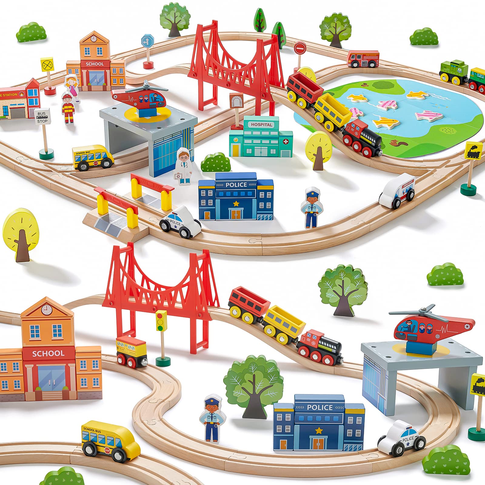 Tiny Land 110PCS Wooden Train Set, Toy Train with Tracks for Kids Ages 3-7 | Com