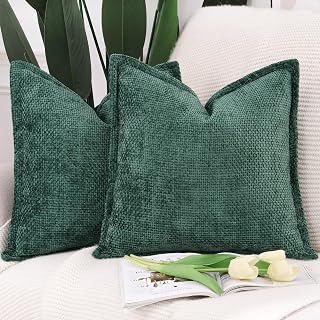 Madizz Patterned Chenille Velvet Cushion Covers Set of 2 Soft Short Chenille Velvet Decorative Pillowcase Luxury Style Cushion Case for Sofa Bedroom 45*45 cm, Dark Green