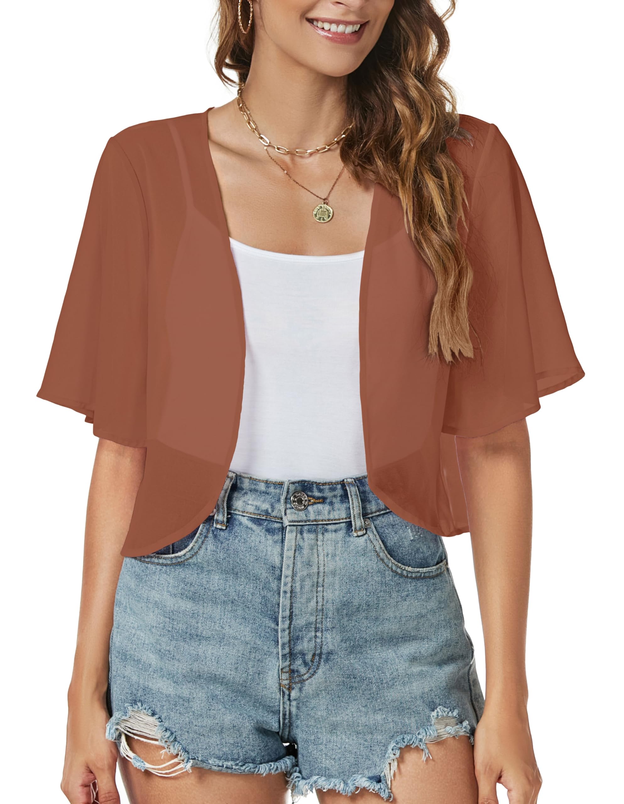 Women Shrug Chiffon Cardigan Open Front Short Sleeve Sheer Bolero for Dress
