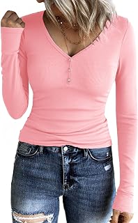 Aottori Tee Shirt Femme Col V Boutonné Haut Côtelé Manches Longues Uni