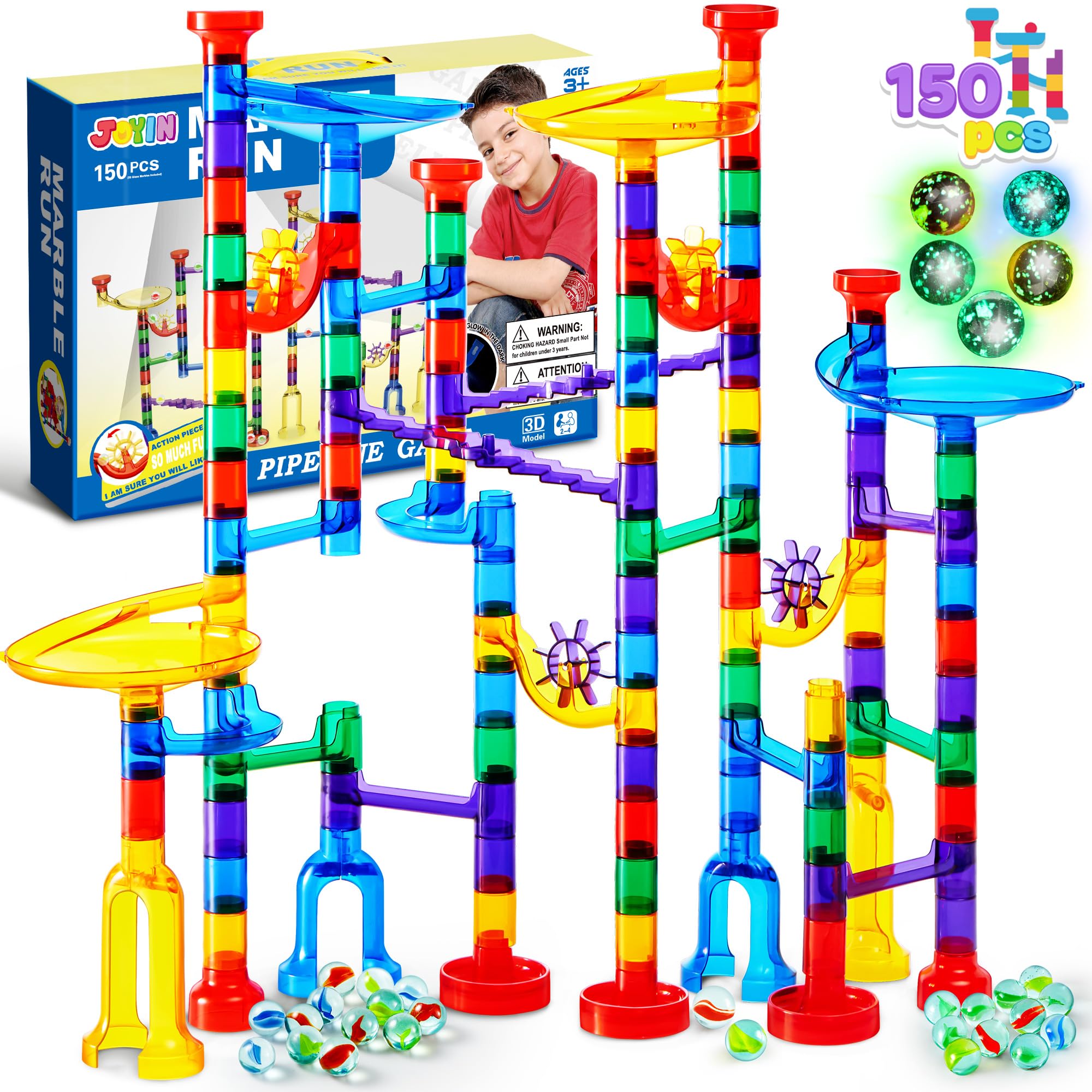 JOYIN 150Pcs Glowing Marble Run- Construction Building Blocks Toys with 5 Glow i