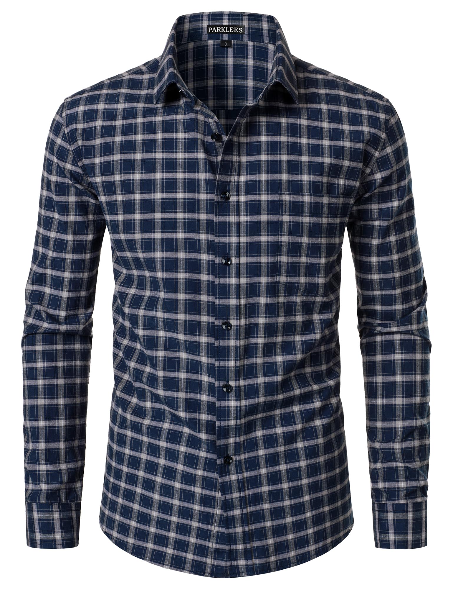 PARKLEES Mens Lightweight Plaid Shirt Casual Slim Fit Long Sleeve Button Down Sh