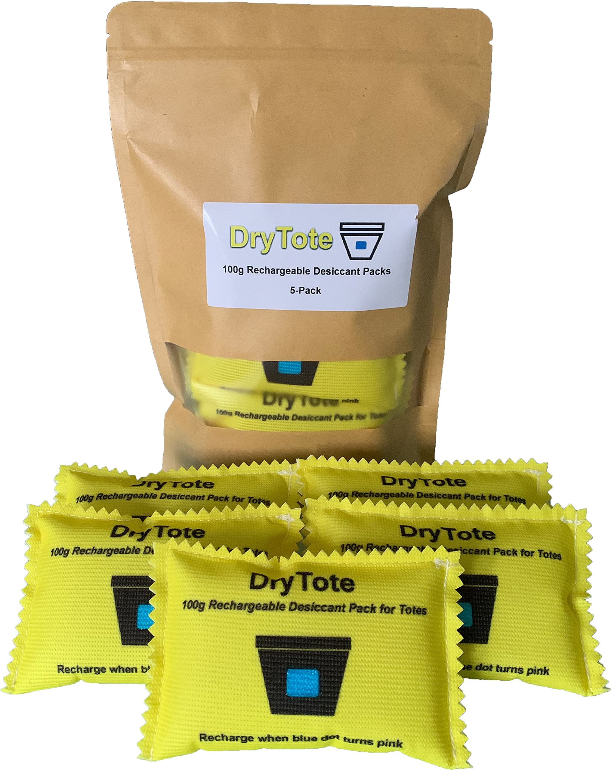 DryTote Rechargeable Desiccant Packs (5 Pack), Color Indicating Silica Gel Moist