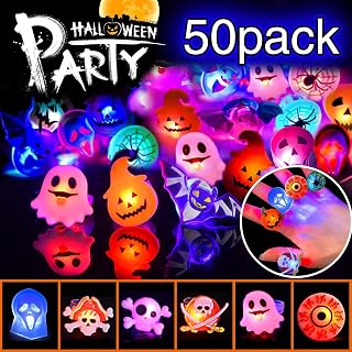 Halloween Party Favors LED Light Up Flash Finger Rings for Kids Adults | Halloween Toys Glow in The Dark Soft Rubber Ghost Pumpkin Skeleton Toys, Cool Blinking for Trick-or-Treat Goodie Bags 50 Pack