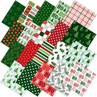 HunnmingRe 20 Pcs 10''x10'' Red Green Christmas Quilting Fabric Squares | Xmas Tree Precut Fabric Bundle, Snowflake Plaid Sewing Materials, Polka Dot Stripes Fat Patchwork, Winter DIY Craft Scraps