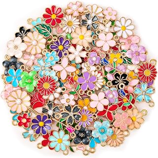 100Pcs 50 Pairs Flower Charms for Jewelry Making, Wholesale Assorted Enamel Mixed Bulk Metal Earring Charms for DIY Necklace Bracelet Earring Jewelry Making and Crafting
