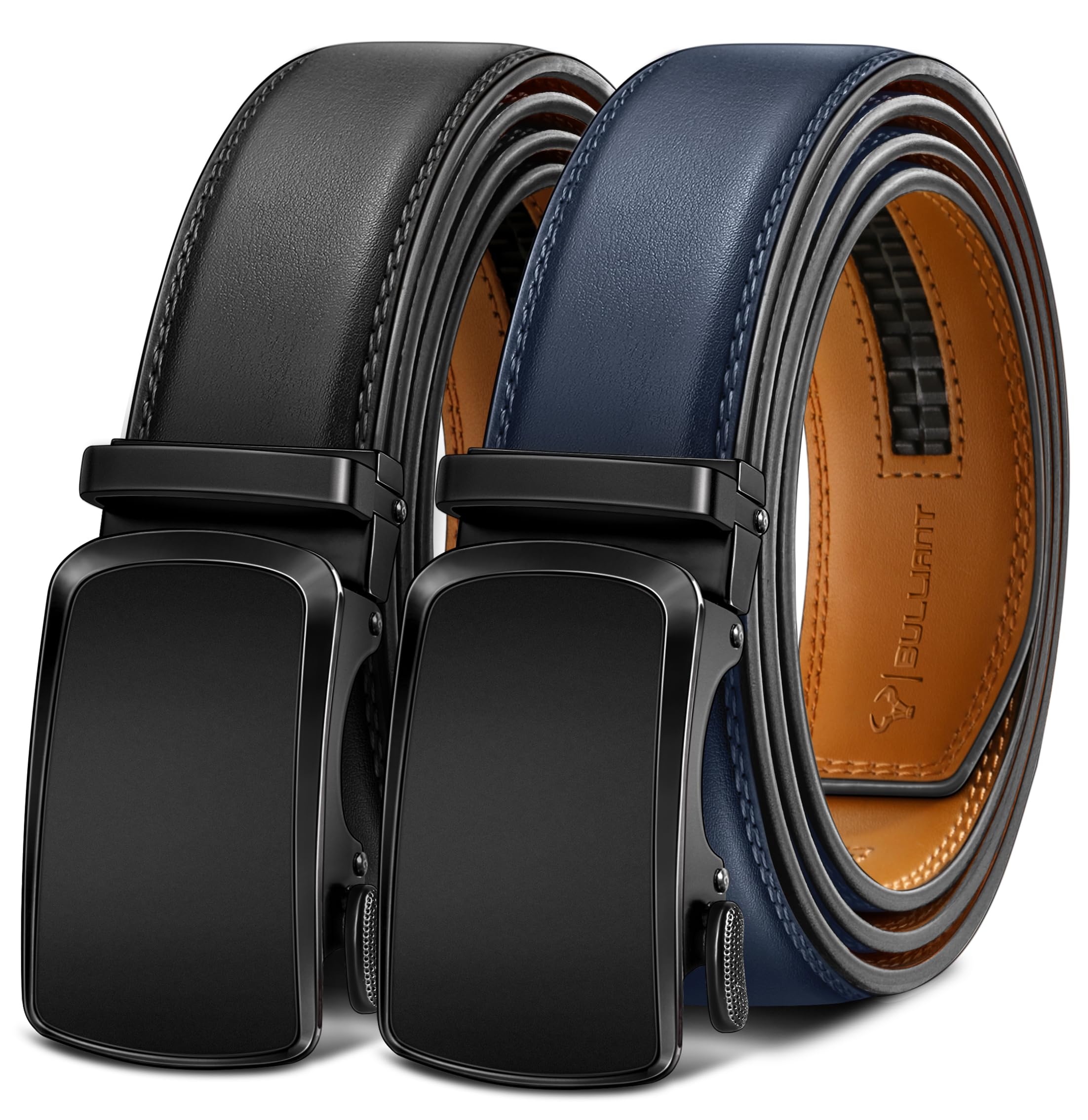BULLIANT 2-Piece Belt for Men Leather Ratchet Automatic Buckle 35 mm Adjustable 