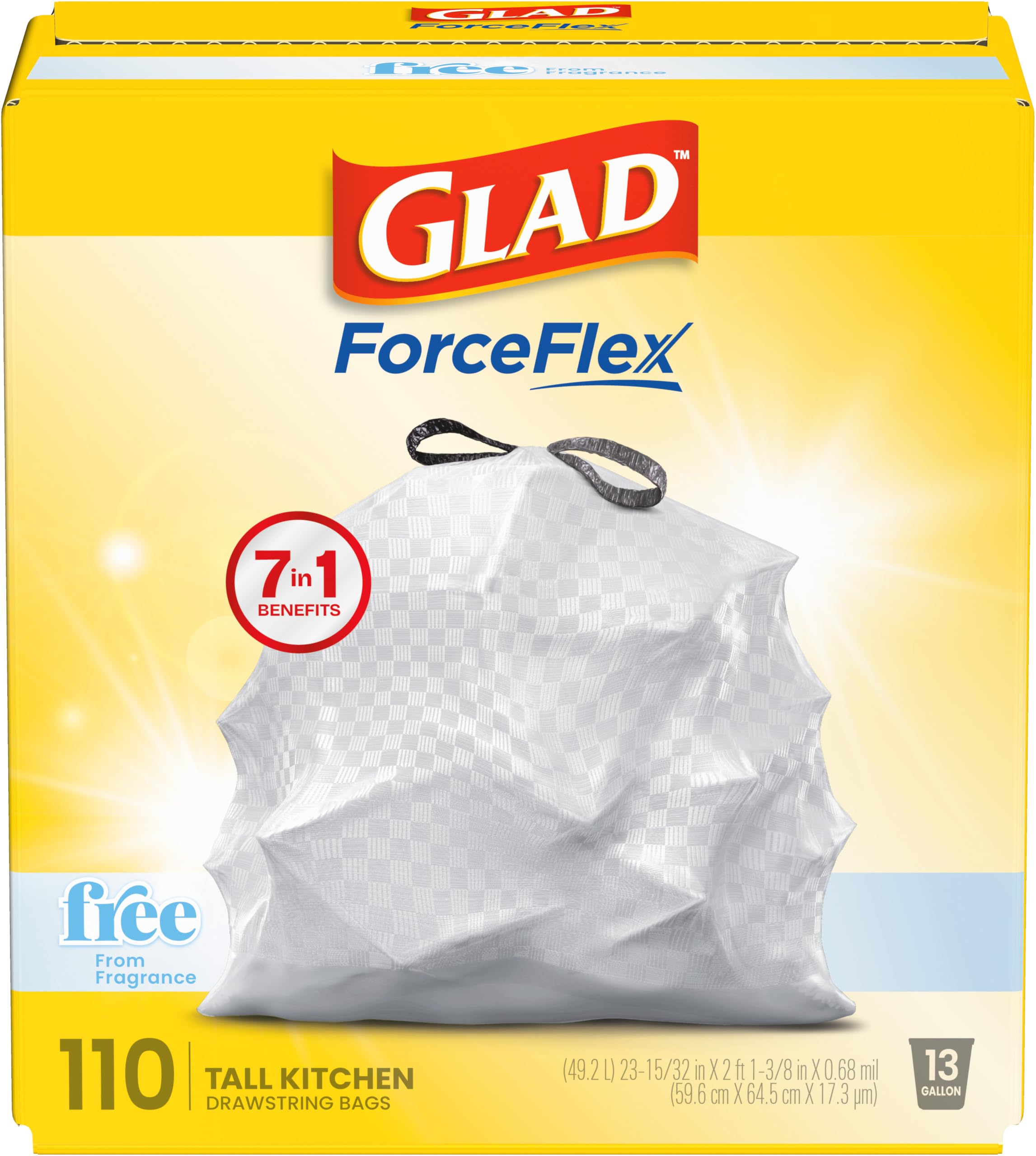 Glad ForceFlex Tall Kitchen Trash Bags, 13 Gallon, Fragrance Free, 110 Count (Pa