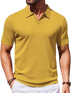 COOFANDY mens knit polo shirt v neck short sleeve stretch casual golf
