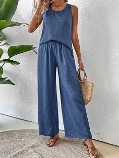 Women 2 Piece Linen Outfit Crochet Back Sleeveless Tank Top Wide Leg Pants Vacation Set