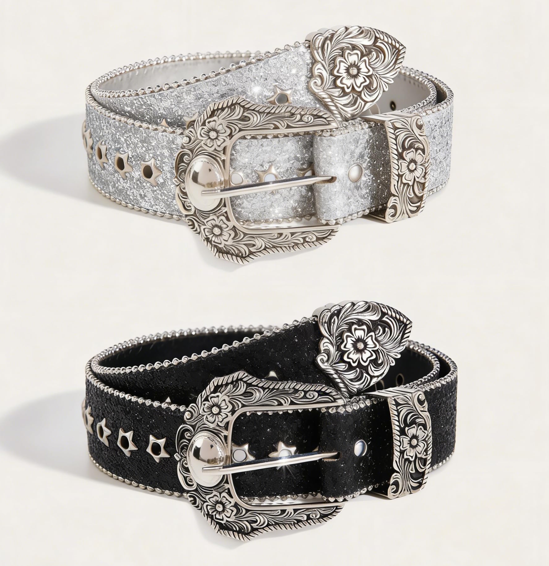 Women's 2 Piece Glitter Star Studded Western Belt Set Vintage Engraved Buckle Wi