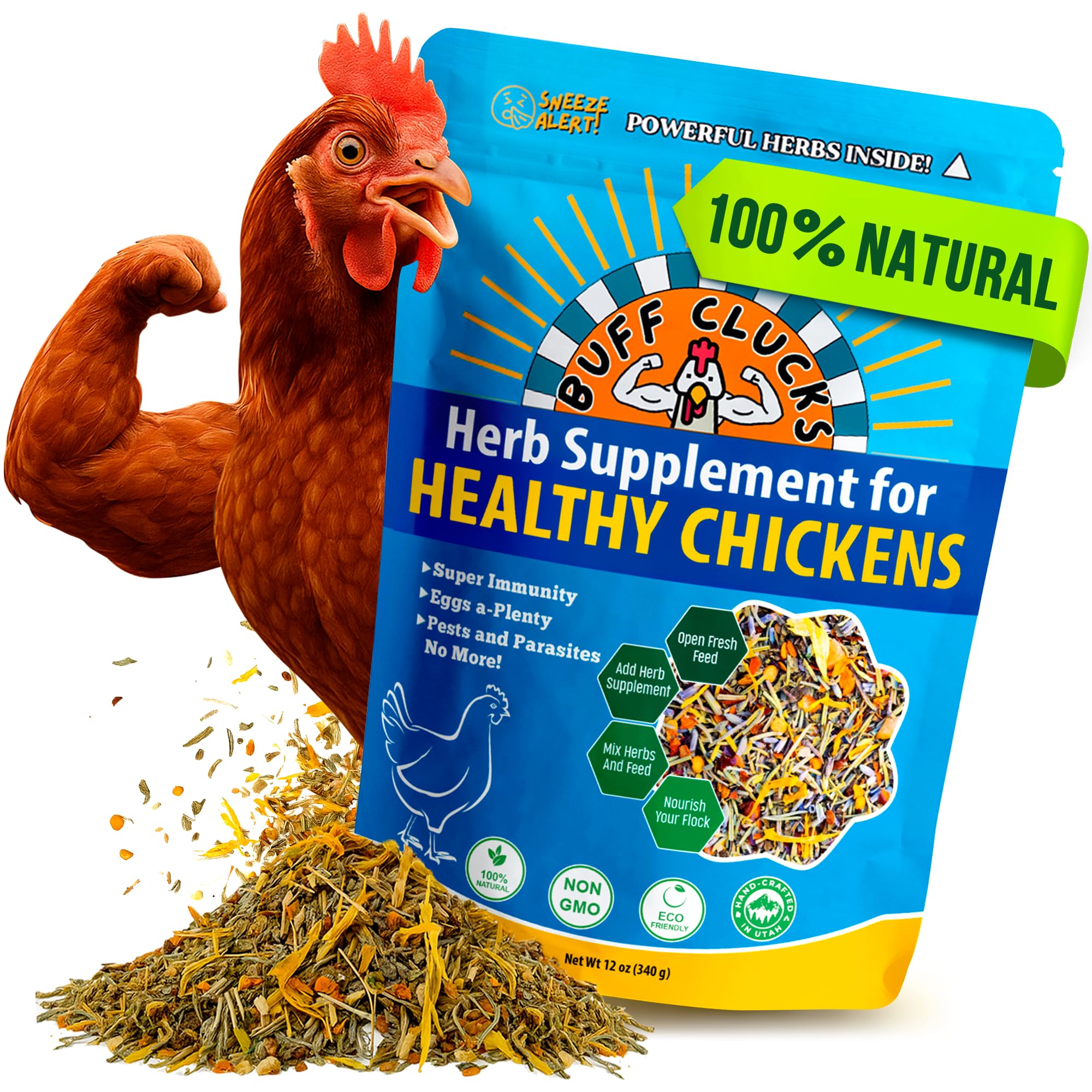 Buff Clucks Herbs Supplement for Chicken Food Natural Poultry Feed, 12 oz | Heal