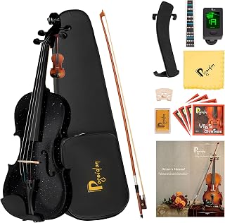 Poseidon Violin 4/4 Full Size Set, Black, for Beginners Adult＆Kids | Complete kit: case, bow, rosin, shoulder rest, tuner, extra strings. All-wood, handmade, gloss black. Ready to play.