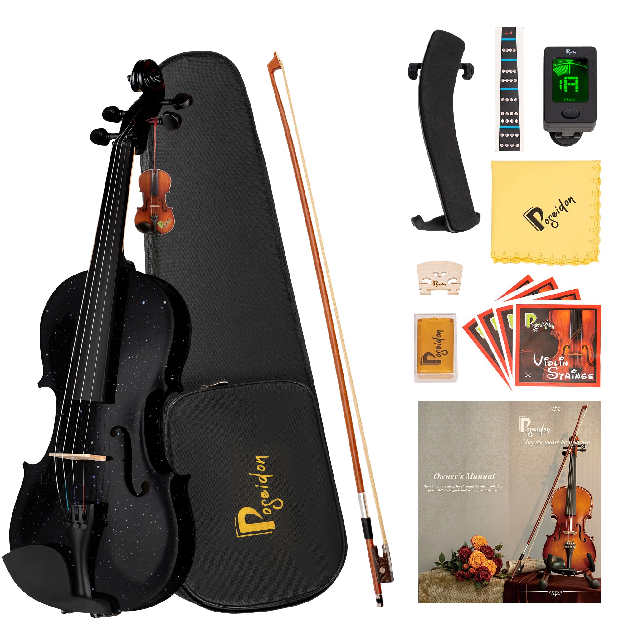 Poseidon Violin 4/4 Full Size Set, Black, for Beginners Adult＆Kids | Complete ki