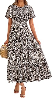 PRETTYGARDEN Smocked Top Summer Dresses for Women 2026 Short Sleeve Floral Maxi Dress for Women Spring Maxi Dress with Ruffle Sleeves for Women Beach and Holiday Women (Pack of 1)