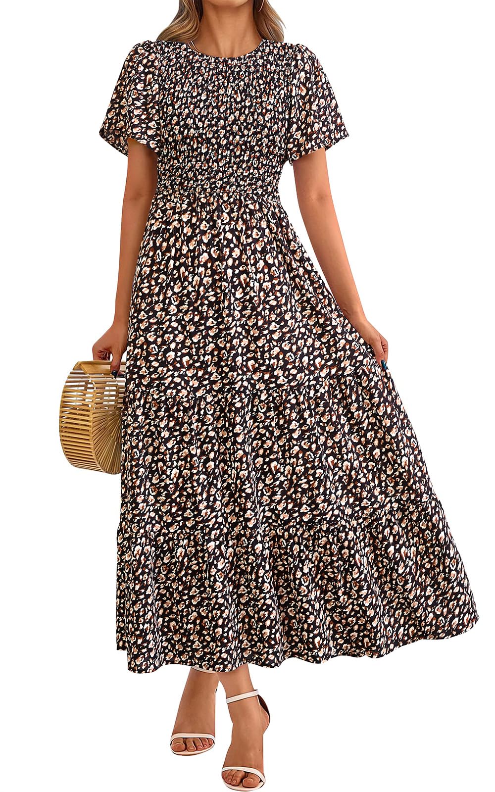 PRETTYGARDEN Smocked Top Summer Dresses for Women 2026 Short Sleeve Floral Maxi 