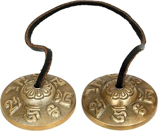 Ajuny Tibetan Tingsha Cymbals Bells Brass Buddhist Meditation Yoga Bell | Brass Manjira with Om Mani Padme Hum Embossed for Sound Healing, Reiki, Mindfulness, Buddhist Prayer and Spiritual Gifting