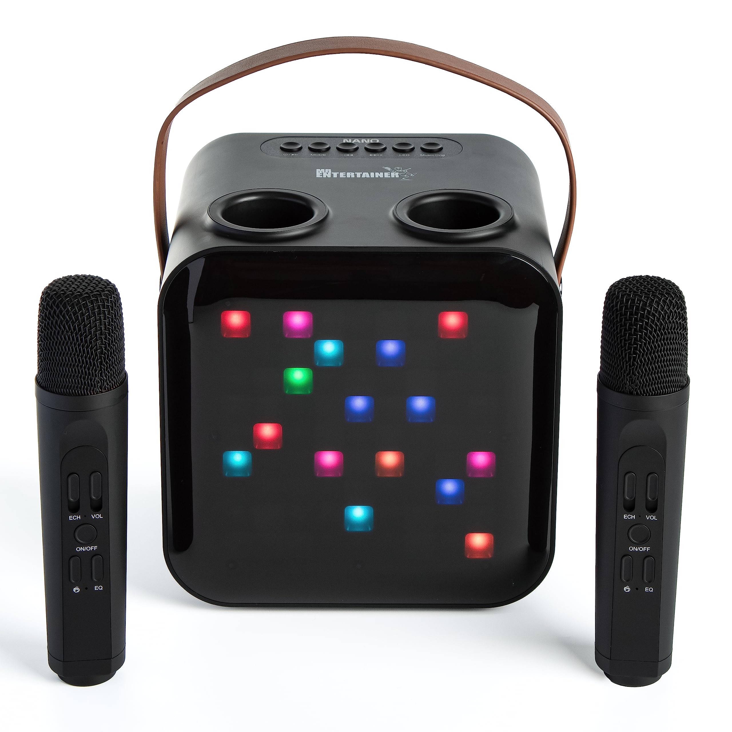 Karaoke Machine & Portable Speaker with 2 Wireless Microphones & Lights. Mr Ente