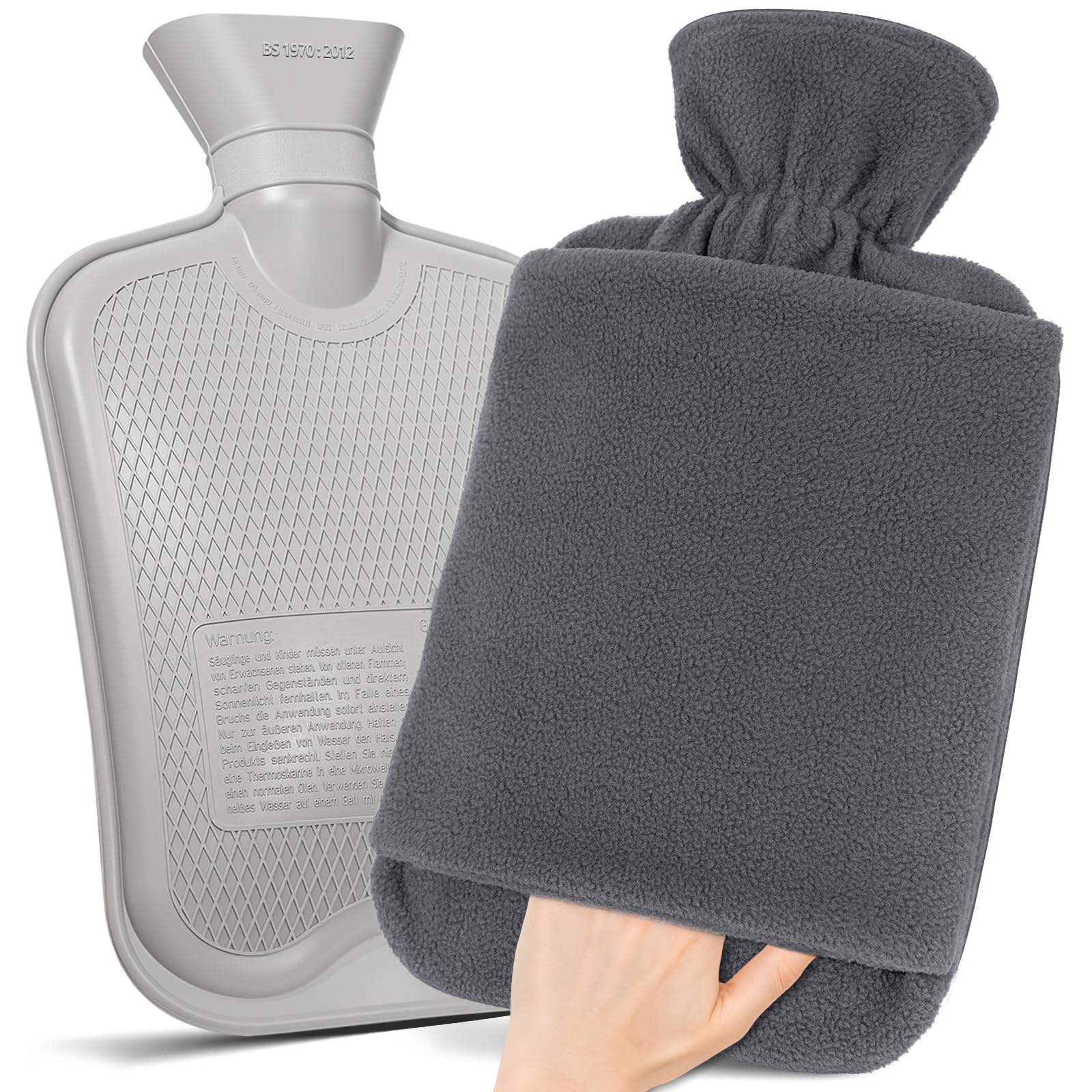 MUPAS Hot Water Bottle 2L, Fleece Cover, Hand Pocket, Leakproof, Grey | Wide Eas