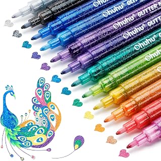 Ohuhu Glitter Marker Pens 12 Colors Fine Tip for Painting Coloring Crafts | AP Certified Metallic Shimmer Markers Water-based Ink for Kids Adults DIY Crafts Greeting Birthday Cards Making Mugs Wood
