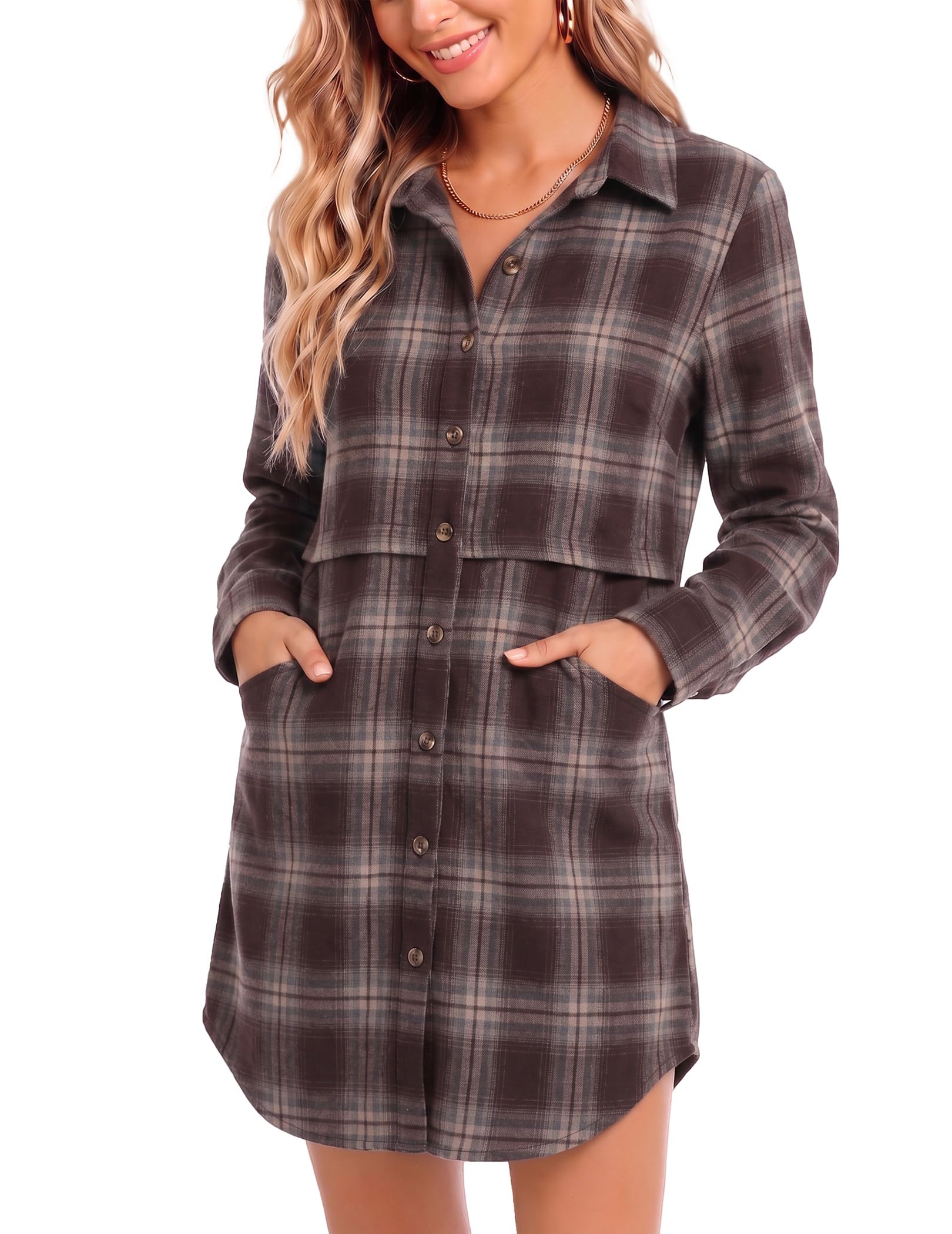 Zeagoo Flannel Shirts for Women Long Sleeve Plaid Button Down Shirts Mid Length 