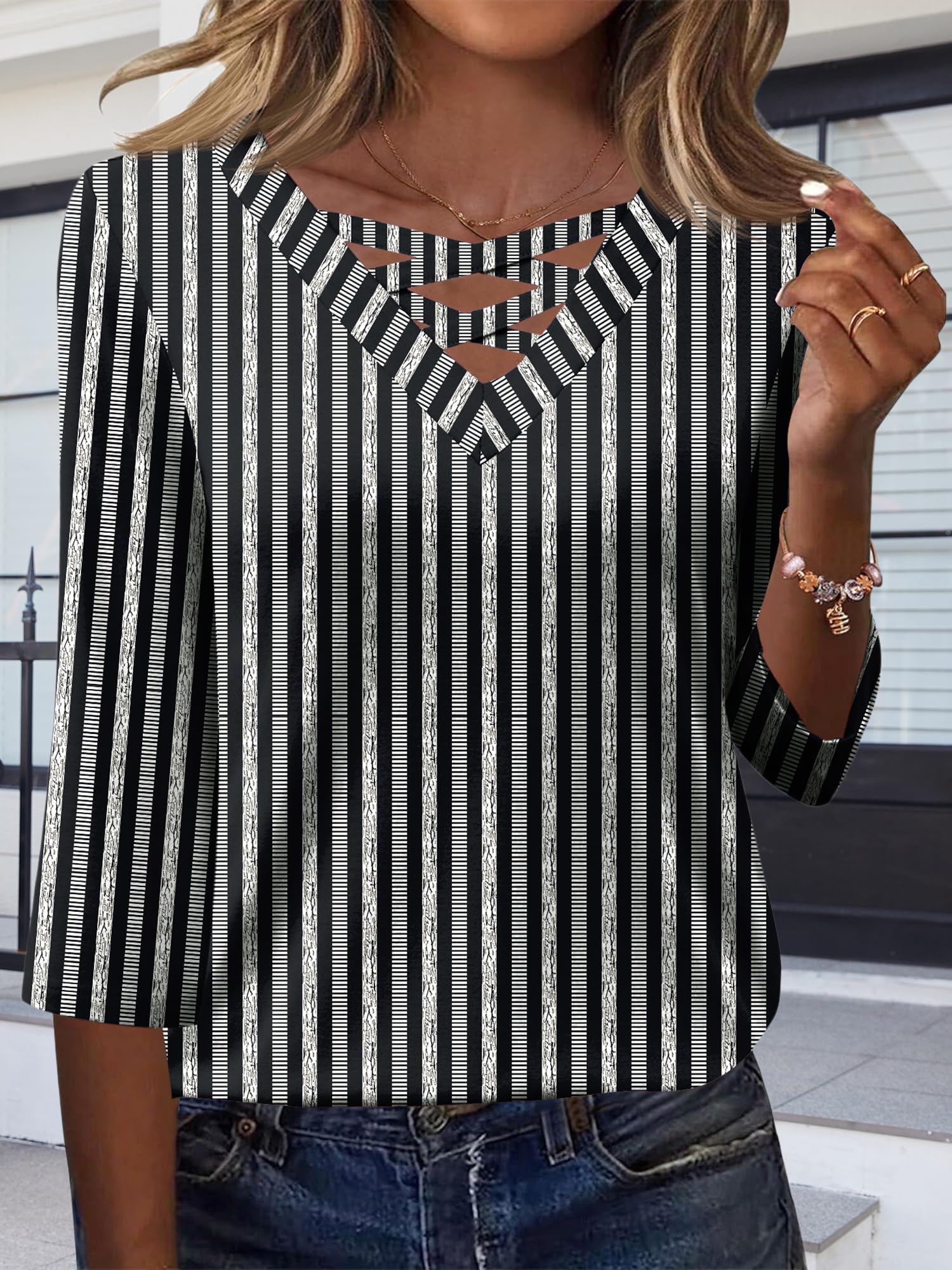 Casual dress fall blouse for women, 3/4 sleeve tops and v neck crossover t shirt