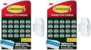 Command Outdoor Light Clips, Damage Free Hanging Outdoor Light Clips with Adhesive Strips, No Tools Wall Clips for Hanging Outdoor Lights and Cables, 20 Clear Clips and 24 Command Strips (Pack of 2)