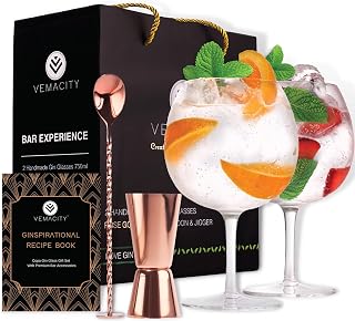 Vemacity Crystal Gin Glasses Set of 2 | Handmade Gin Glass Gift Set | Rose Gold Cocktail Spoon, Spirit Measure & Recipe e-Book (PDF) | Aperol Spritz Glasses | Cocktail Glasses | Stylish Gift Box