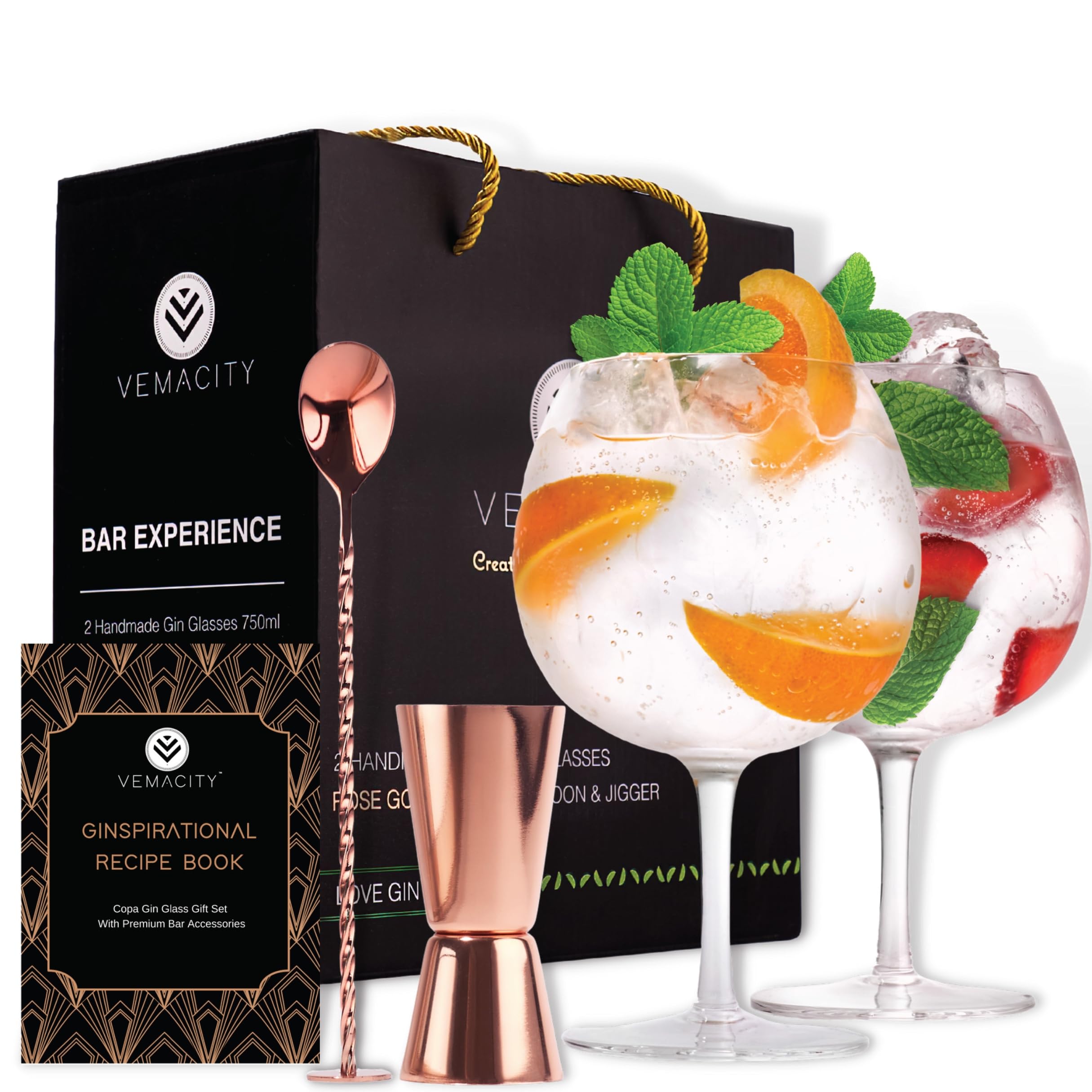 Vemacity Crystal Gin Glasses Set of 2 | Handmade Gin Glass Gift Set | Rose Gold 