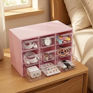 Jewelry Organizer Box, 9 Compartment Desk Storage Box with Drawers, Multi-Compartment Plastic Jewelry Organizer for Desk, Office or Dressing Table (Pink)